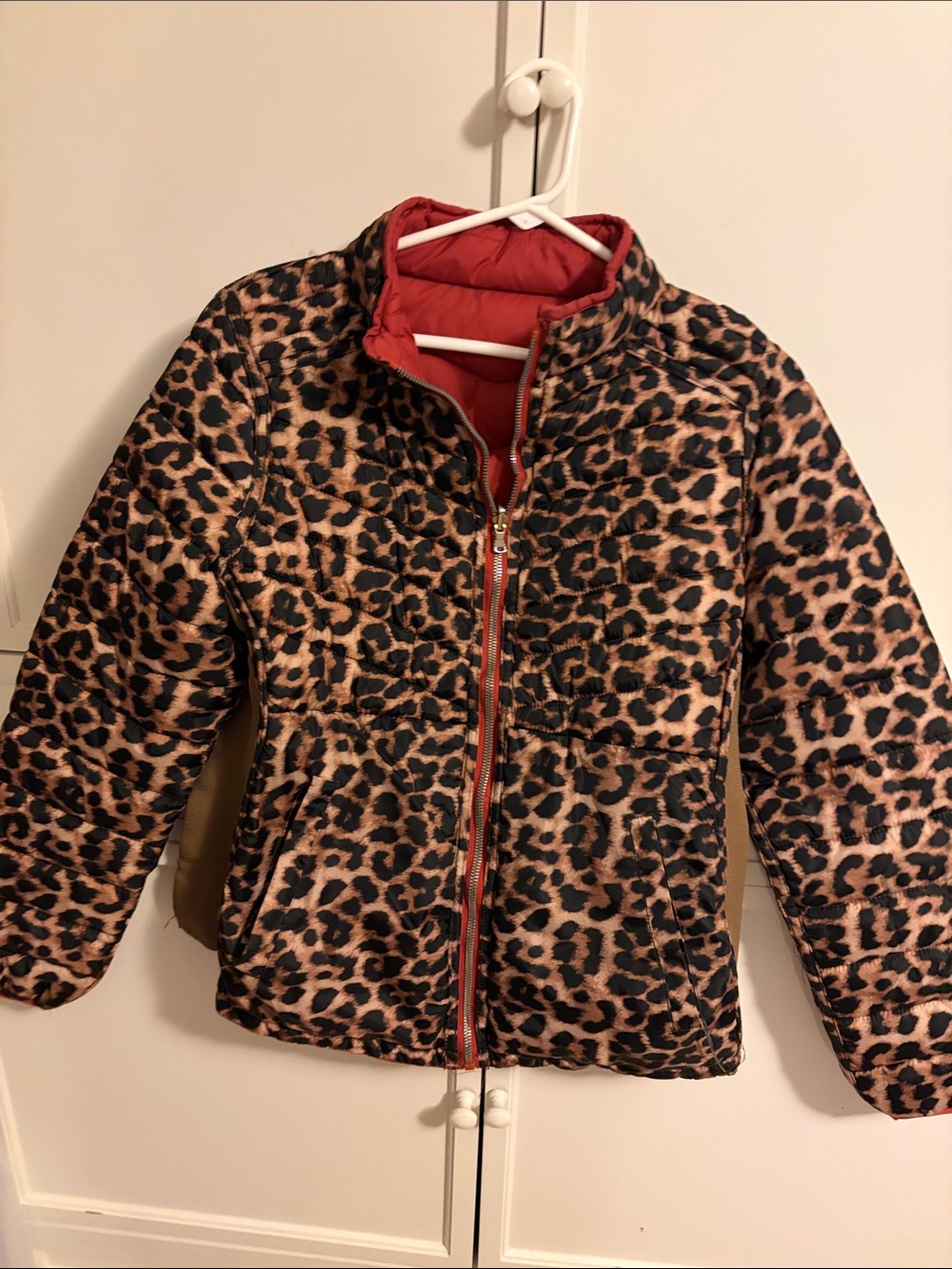 Reversible Leopard Puffer Jacket with Burnt Red Lining
